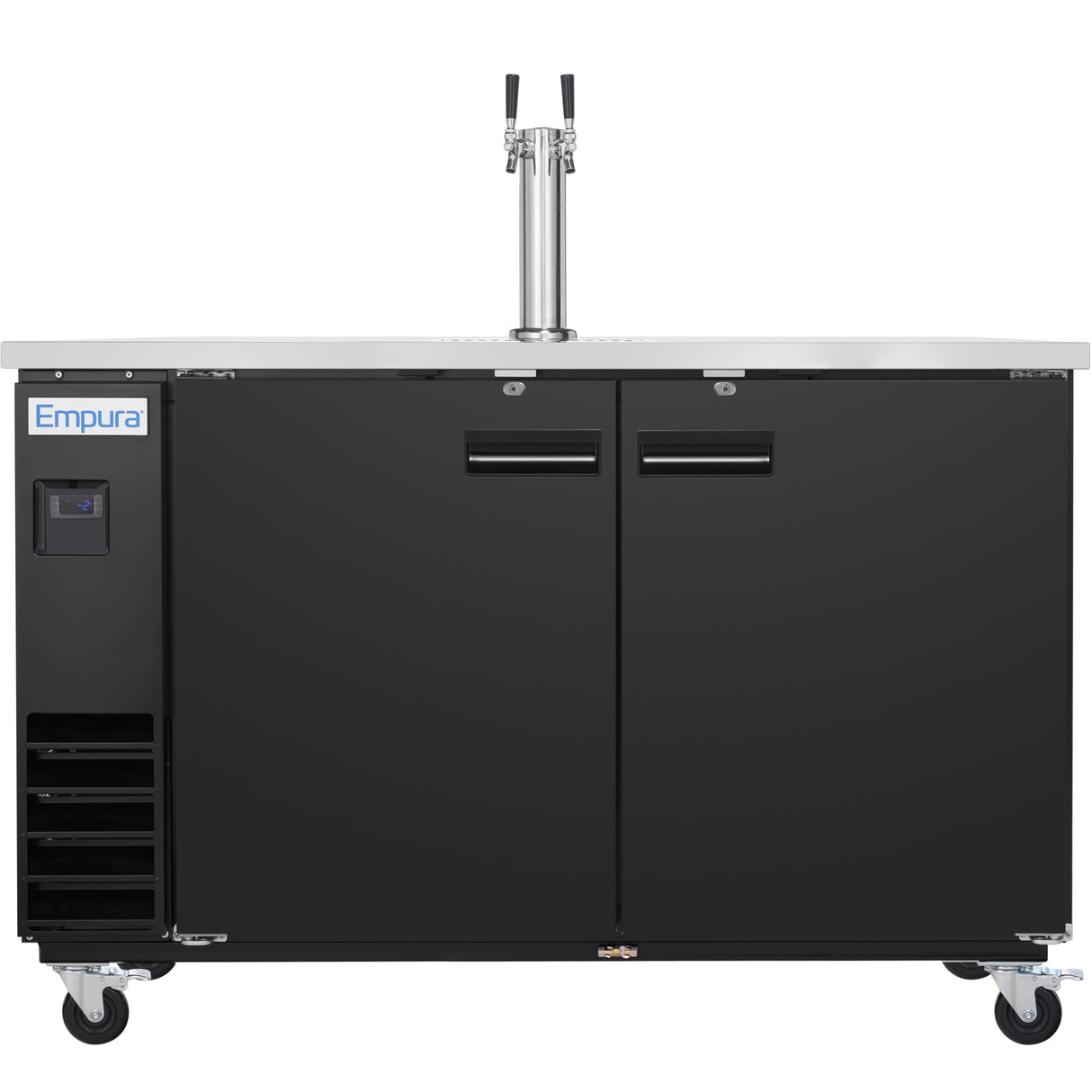 A commercial black Keg Cooler with a stainless steel top, Dual Tap Tower draft beer dispenser, four swivel caster wheels, and a digital control panel on the left labeled “Empura.” The front view shows both doors closed.