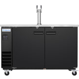 A commercial black Keg Cooler with a stainless steel top, Dual Tap Tower draft beer dispenser, four swivel caster wheels, and a digital control panel on the left labeled “Empura.” The front view shows both doors closed.