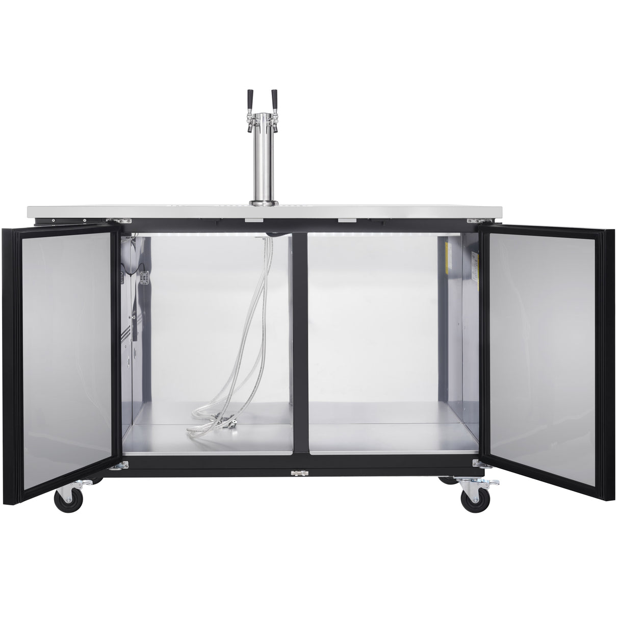 A stainless steel Dual Tap Tower kegerator with open double doors reveals an empty interior, metal walls, a hose, and four caster wheels. The flat countertop and spacious design make this Keg Cooler ready for kegs and direct draw beer dispensing.