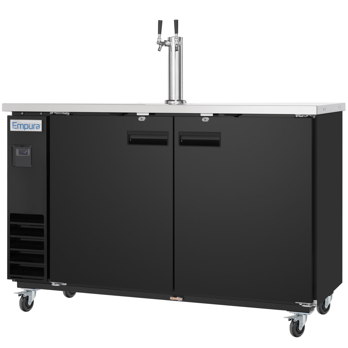 A black commercial keg cooler with two doors, a stainless steel top, and a dual tap tower beer dispenser. The unit is on four caster wheels for mobility and features a small Empura brand label above the vented refrigeration section.