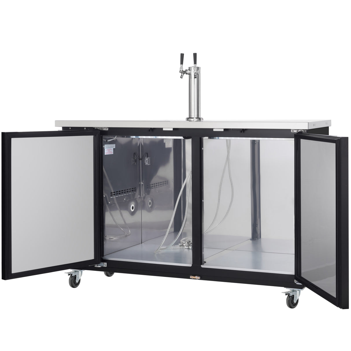 A stainless steel commercial keg cooler with double doors open reveals an empty interior with hoses, metal floor, and keg fittings. This direct draw beer dispenser features a dual tap tower and sits on four caster wheels for mobility.