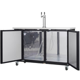 A stainless steel commercial keg cooler with double doors open reveals an empty interior with hoses, metal floor, and keg fittings. This direct draw beer dispenser features a dual tap tower and sits on four caster wheels for mobility.