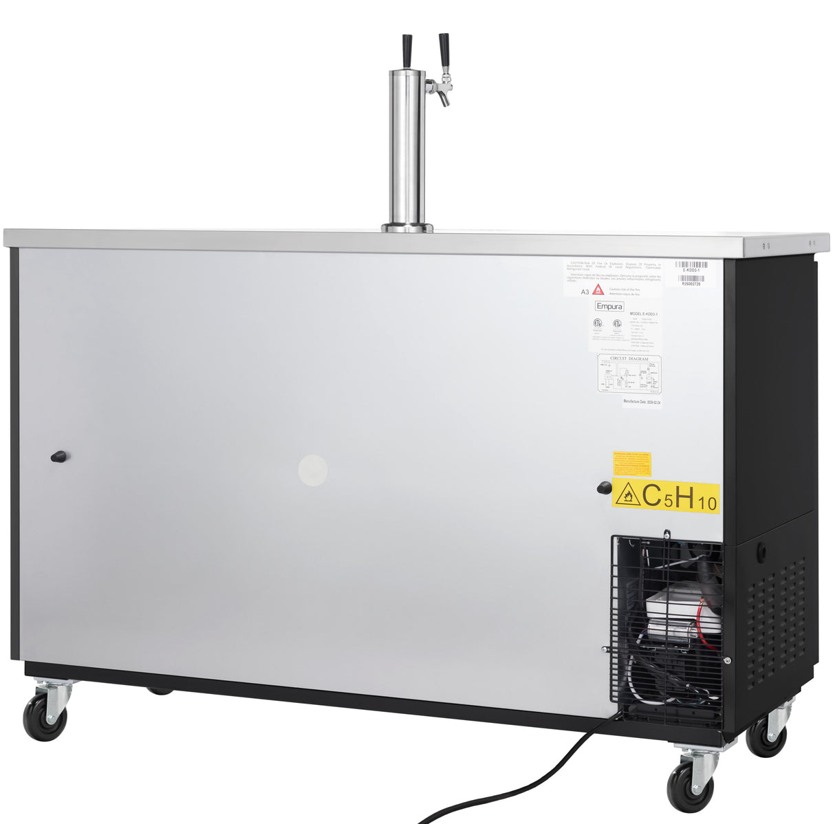 A large, stainless steel Direct Draw Beer Dispenser kegerator on wheels with a dual tap tower on top, ventilation panel on the lower right, warning and instruction labels, a power cord, and a visible compressor unit at the bottom right.
