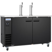 A black commercial beer dispenser with two stainless steel taps, dual front doors, caster wheels, a vented left section, and an “Empura” logo by the digital display. This direct draw beer dispenser boasts a sleek, industrial look.