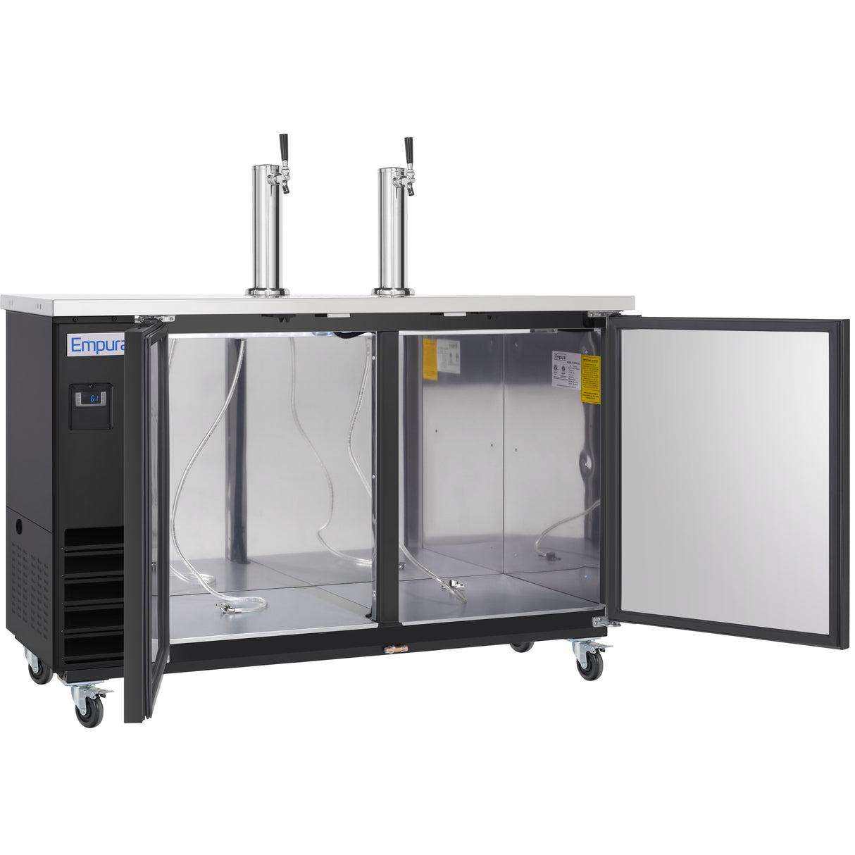 A commercial beer dispenser with two stainless steel tap towers, both doors open to reveal an empty keg cooler interior with beer lines and couplers, set on four wheels for mobility, featuring a digital display and ventilation on the left side.