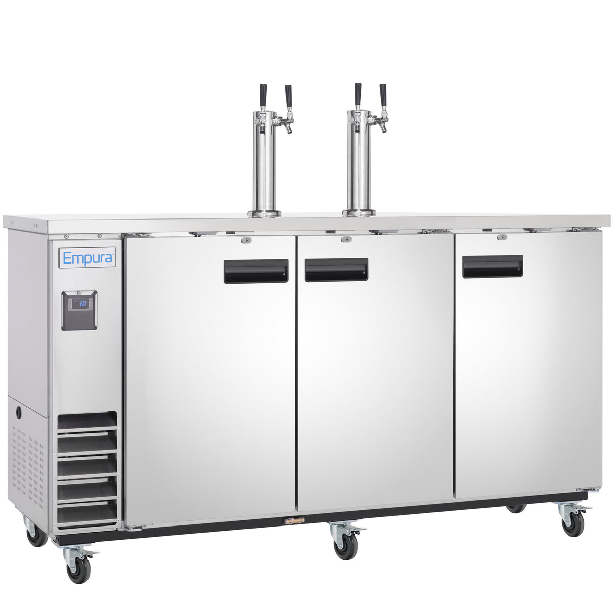 A stainless steel Empura Refrigeration commercial kegerator with three doors, two beer tap towers, and four caster wheels for mobility. The left side features a digital control panel and ventilation grills, making it an ideal Direct Draw Beer Dispenser.