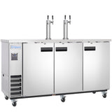 A stainless steel Empura Refrigeration commercial kegerator with three doors, two beer tap towers, and four caster wheels for mobility. The left side features a digital control panel and ventilation grills, making it an ideal Direct Draw Beer Dispenser.