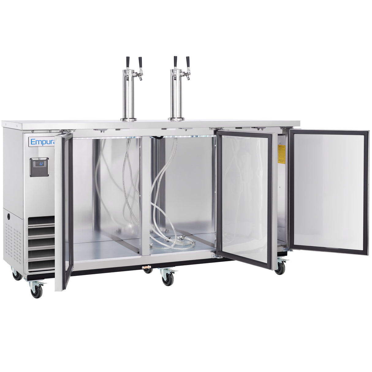 A stainless steel Empura Refrigeration direct draw beer dispenser with two open doors revealing empty interior shelves and tubing. Two beer tap towers with handles are mounted on top. The unit has wheels for mobility and a digital display on the left.