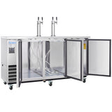 A stainless steel Empura Refrigeration direct draw beer dispenser with two open doors revealing empty interior shelves and tubing. Two beer tap towers with handles are mounted on top. The unit has wheels for mobility and a digital display on the left.
