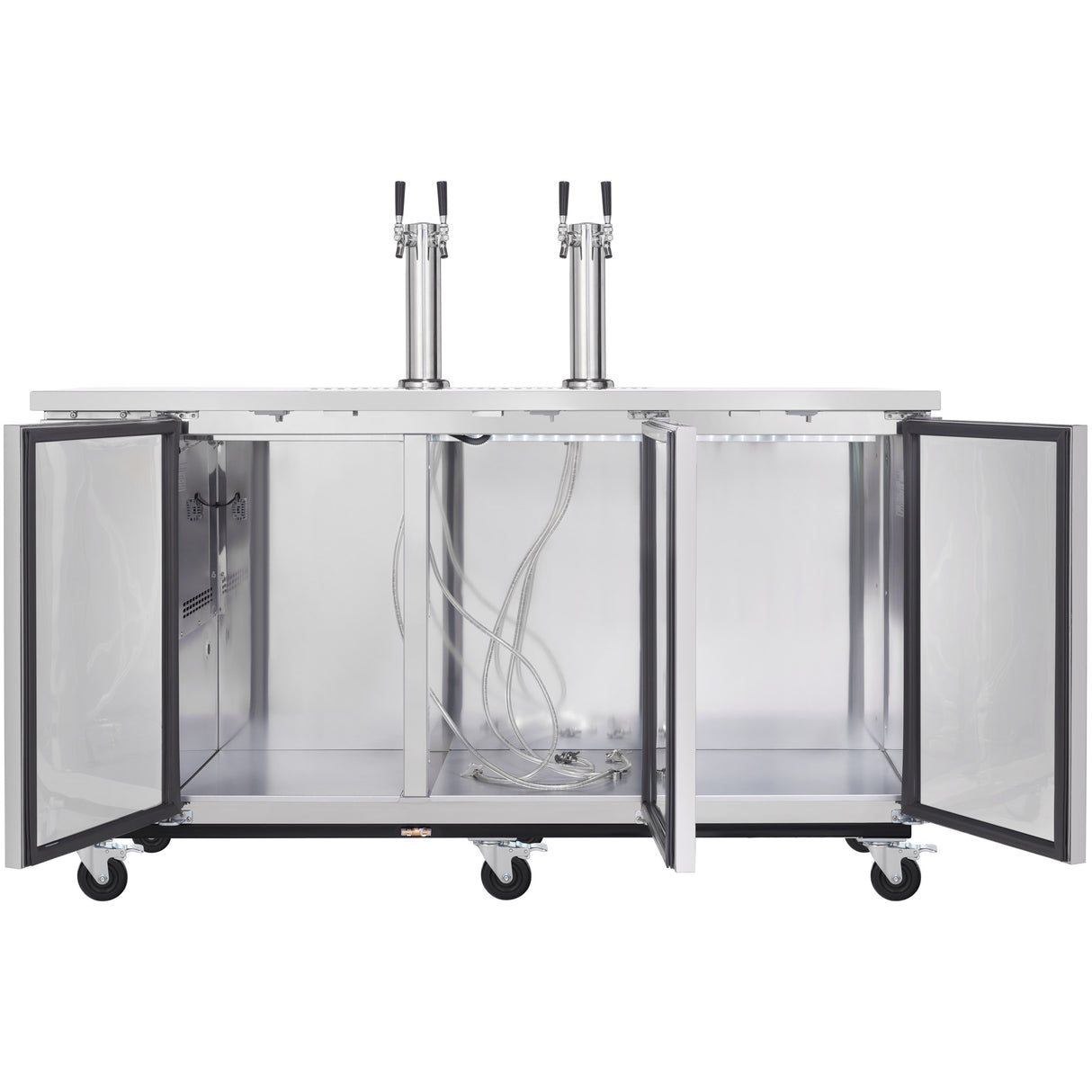 A commercial beer dispenser featuring dual tap towers, each with two taps. Both front doors are open to reveal an empty interior with keg hoses, and four black caster wheels underneath provide easy mobility.