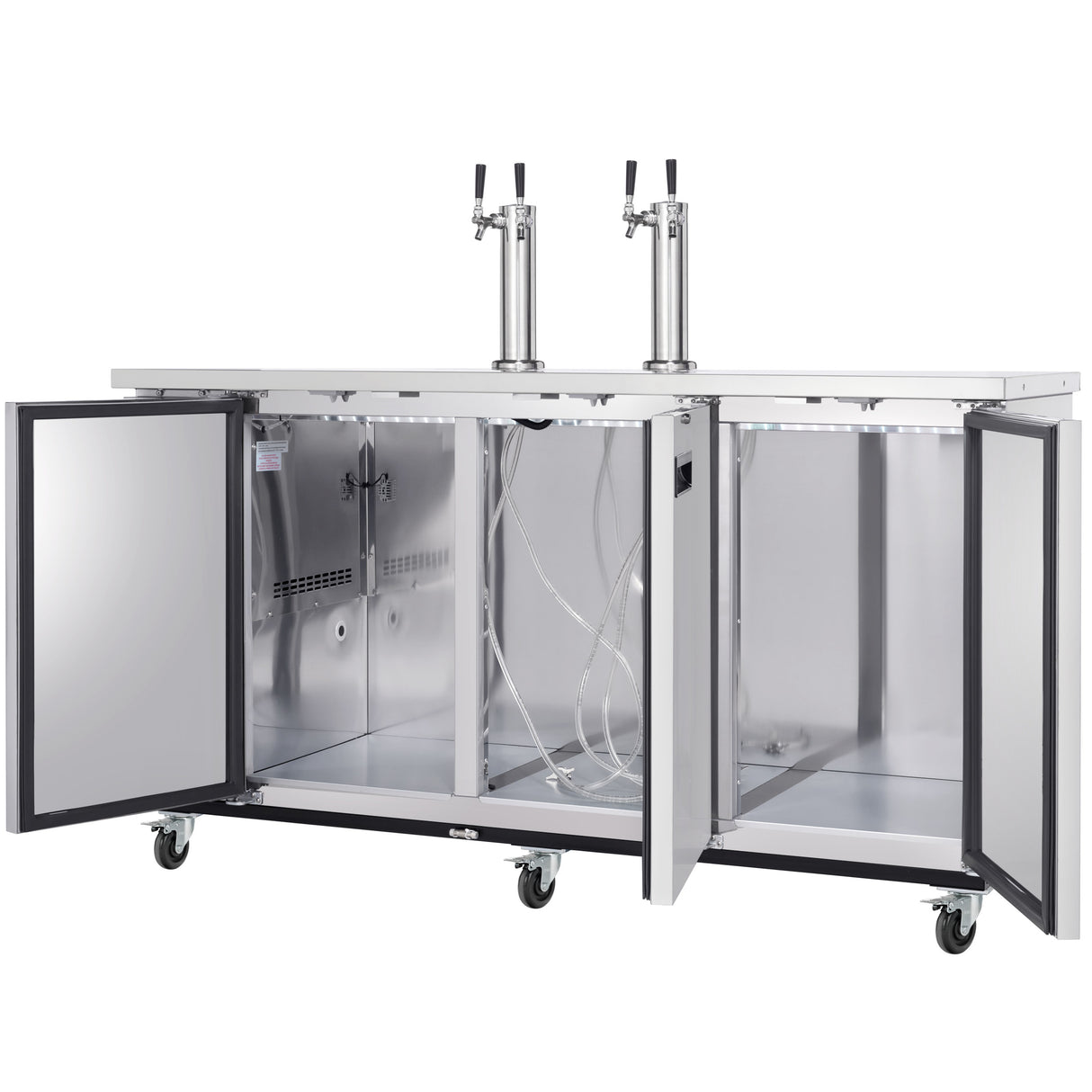 A stainless steel Empura Refrigeration Direct Draw Beer Dispenser with double tap towers on top. Both front doors are open, revealing an empty interior with metal walls, shelves, and beer lines. The unit sits on four wheels for easy mobility.