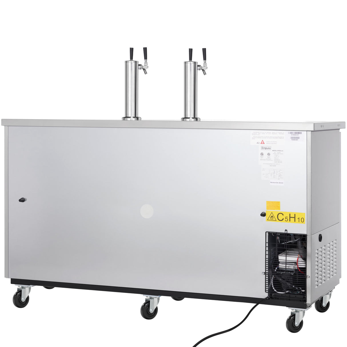 A large silver Empura Refrigeration Beer Keg Cooler with two beer taps on top, mounted on four wheels. Cooling vents and a power cord are visible on the right side, with yellow warning labels near the vent and upper right corner.