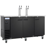 A black, three-door commercial keg cooler with dual tap towers and stainless steel surface. Features two stainless steel draft beer taps, a vented left panel, caster wheels, and an Empura logo—perfect as a direct draw beer dispenser for any bar.