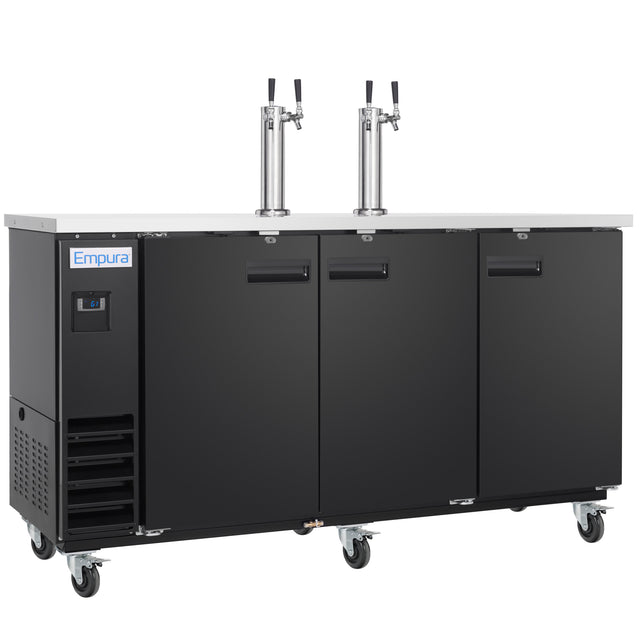 A black, three-door commercial keg cooler with dual tap towers and stainless steel surface. Features two stainless steel draft beer taps, a vented left panel, caster wheels, and an Empura logo—perfect as a direct draw beer dispenser for any bar.