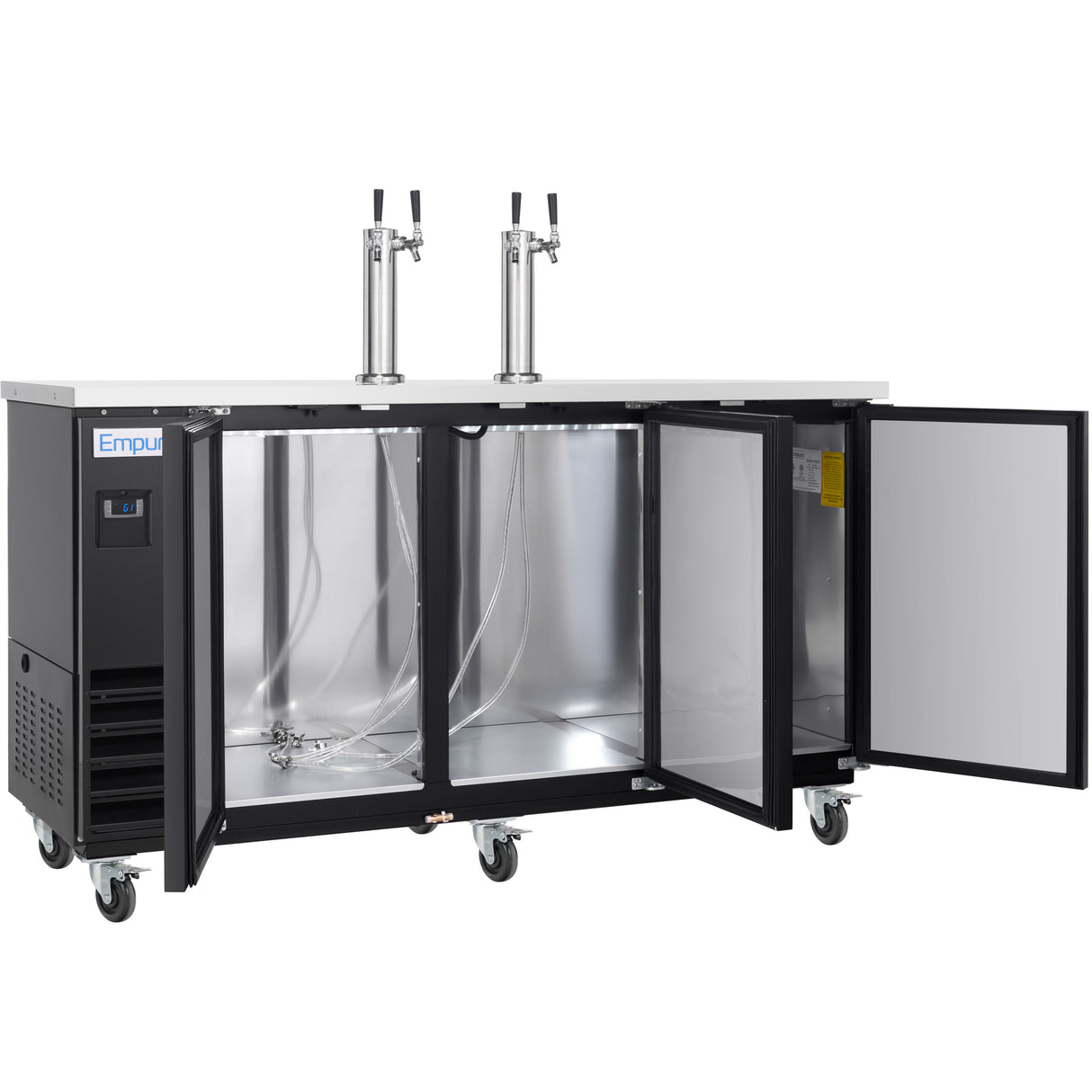 A commercial keg cooler on wheels with dual tap towers and two stainless steel beer taps on top. Both front doors are open, showing an empty interior with hoses and metal fittings for keg connection. The exterior is black with a silver control panel on the left.