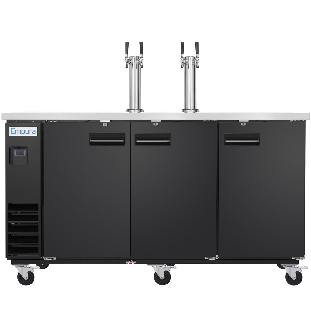 A black commercial keg cooler on wheels with three doors and dual tap towers. The left side features vents and a digital display. The stainless steel countertop holds the direct draw beer dispenser, and “Empura” is displayed on the upper left.