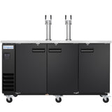 A black commercial keg cooler on wheels with three doors and dual tap towers. The left side features vents and a digital display. The stainless steel countertop holds the direct draw beer dispenser, and “Empura” is displayed on the upper left.