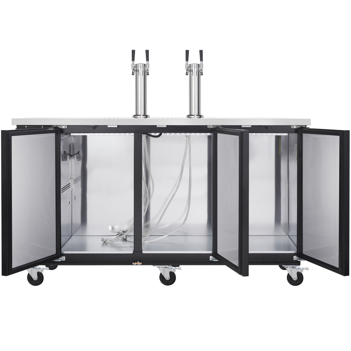 A commercial keg cooler featuring dual tap towers and two front doors that open to reveal an empty interior with shelves, cooling coils, hoses, and wheels for easy mobility—perfect as a direct draw beer dispenser for busy venues.