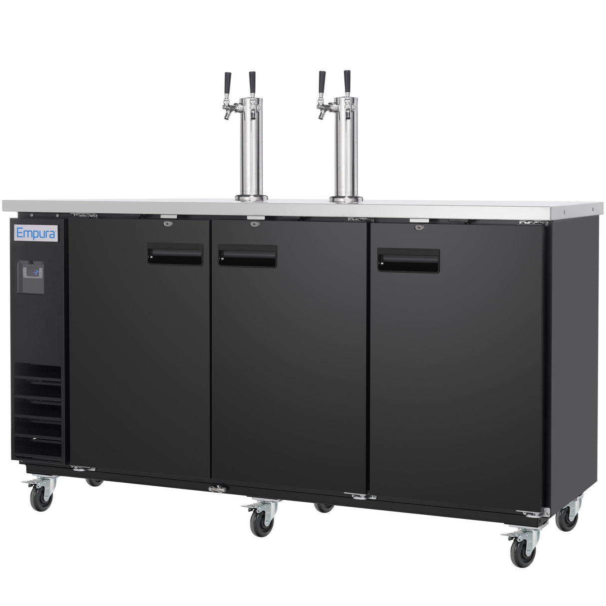 A large black Empura direct draw beer dispenser on wheels with three doors, a stainless steel top, dual tap towers, and bottom left ventilation slats. Ideal for bars or restaurants, it offers ample keg capacity for busy commercial settings.