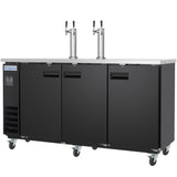 A large black Empura direct draw beer dispenser on wheels with three doors, a stainless steel top, dual tap towers, and bottom left ventilation slats. Ideal for bars or restaurants, it offers ample keg capacity for busy commercial settings.