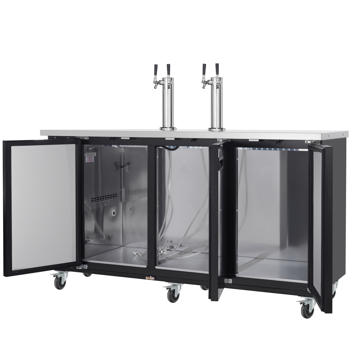 A stainless steel commercial keg cooler with dual tap towers features two open doors, revealing a clean, spacious interior with hoses. This direct draw beer dispenser sits on four wheels and has column-style tap towers on the countertop.