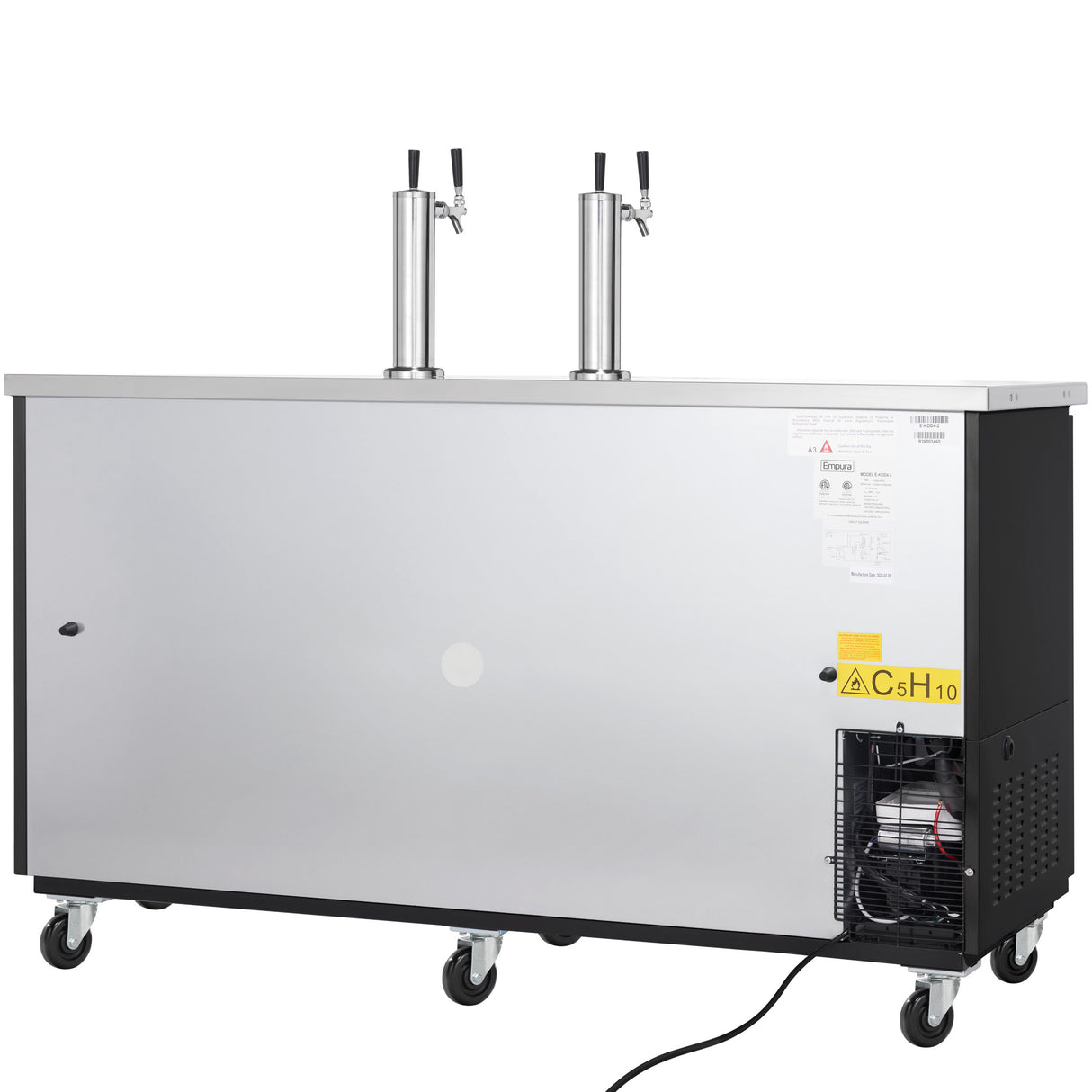 A large, silver commercial keg cooler with dual tap towers, black trim, four locking caster wheels, ventilation panel, and visible warning labels—ideal as a direct draw beer dispenser for draft beverages in bars or events.