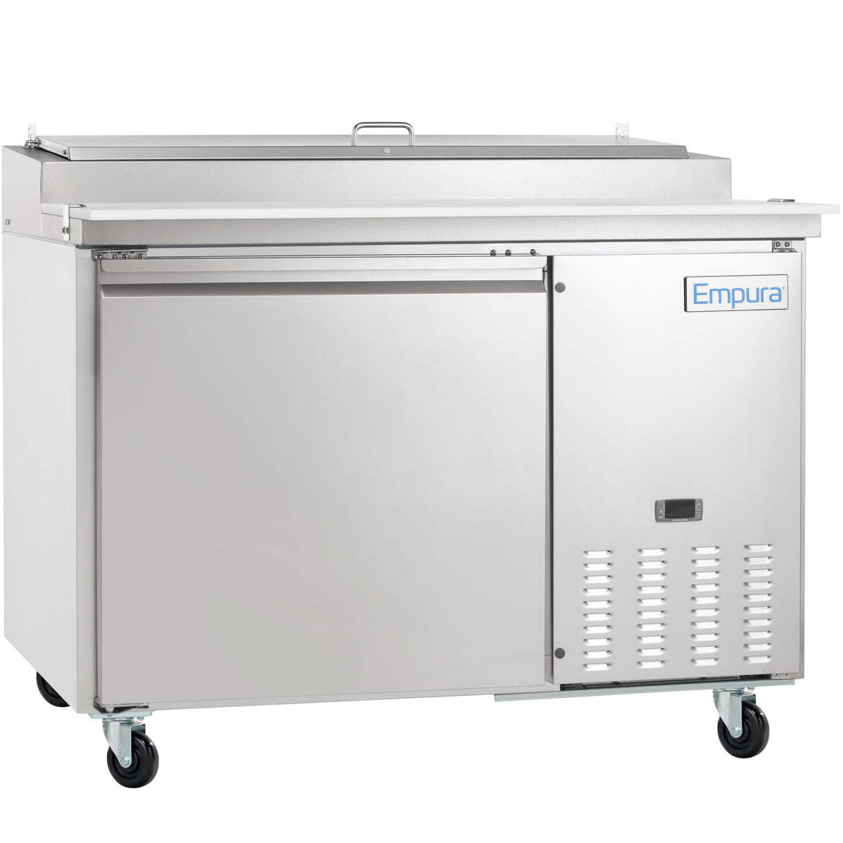 A large Empura Refrigeration stainless steel pizza prep table with a single door, top prep station with closed lid, ventilation grates at the bottom right, and four caster wheels for mobility. The Empura logo is visible on the upper right side.