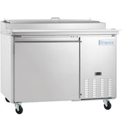 A large Empura Refrigeration stainless steel pizza prep table with a single door, top prep station with closed lid, ventilation grates at the bottom right, and four caster wheels for mobility. The Empura logo is visible on the upper right side.