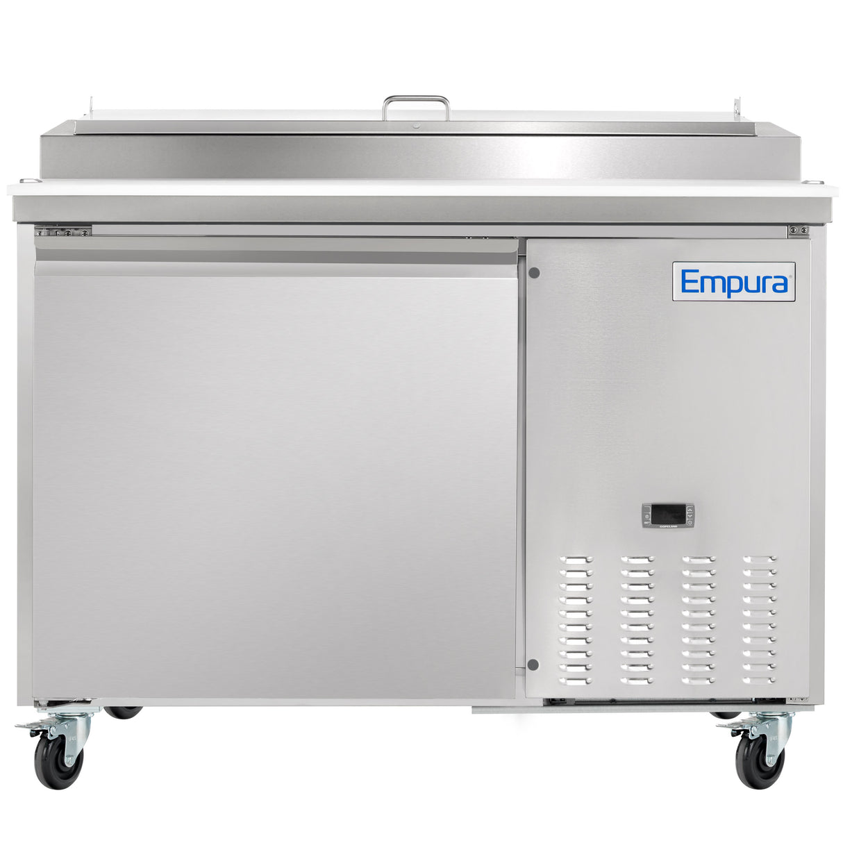 A commercial Empura Refrigeration stainless steel pizza prep table on wheels, featuring a solid sliding door on the left and a vented panel on the right. The Empura brand name is displayed on the upper right side of the unit.