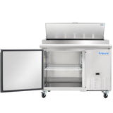 A stainless steel Empura Refrigeration pizza prep table with an open top lid revealing storage compartments and an open lower door showing an empty wire shelf inside. The unit is on wheels for mobility and features a blue Empura logo on the front.