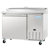 A stainless steel Empura Refrigeration pizza prep table on wheels with a single door, ventilation grilles, and a blue Empura logo. It features a flat top with a raised back edge and hinged lid, ideal for kitchen or food service use.