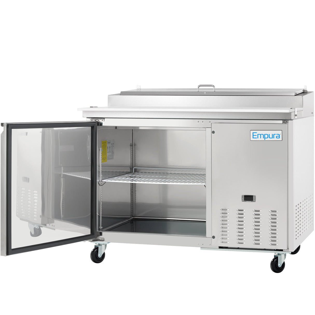 An Empura Refrigeration stainless steel pizza prep table with an open glass door reveals a wire shelf inside. The unit features four wheels, ventilation grilles, a flat top with a container slot, and the Empura logo on the right side.