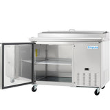 An Empura Refrigeration stainless steel pizza prep table with an open glass door reveals a wire shelf inside. The unit features four wheels, ventilation grilles, a flat top with a container slot, and the Empura logo on the right side.