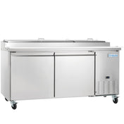 A large Empura Refrigeration stainless steel unit with two doors, a flat top, handle bar, and the brand name on the upper right. This commercial refrigerator is perfect as a pizza prep table, featuring wheels, vents, and a small control panel.
