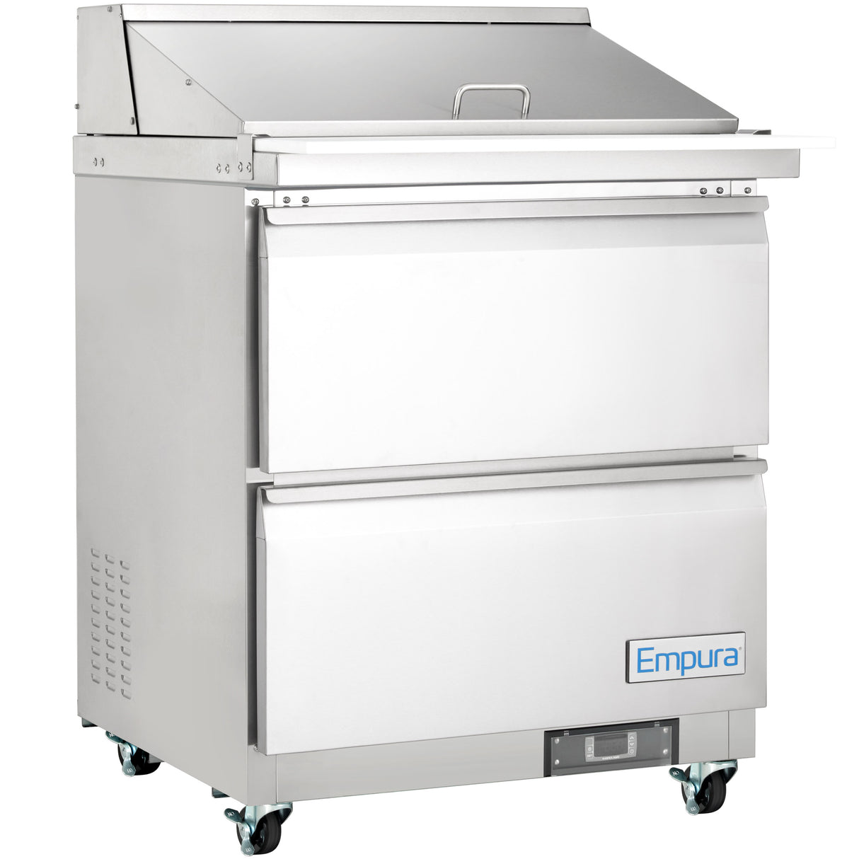 The Empura refrigeration unit features a mega top prep table with two lower drawers, a hinged lid over the top prep station, four wheels for mobility, and a digital control panel. “Empura” is displayed on the lower drawer.