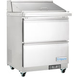 The Empura refrigeration unit features a mega top prep table with two lower drawers, a hinged lid over the top prep station, four wheels for mobility, and a digital control panel. “Empura” is displayed on the lower drawer.