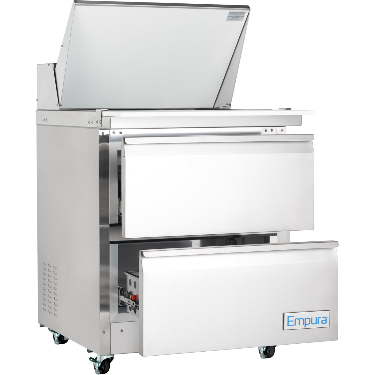 A stainless steel Empura refrigeration unit with two large pull-out drawers and a top lid that opens upward. This mega top prep table is on four wheels for mobility, and the bottom drawer displays the Empura brand name in blue lettering.