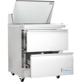 A stainless steel Empura refrigeration unit with two large pull-out drawers and a top lid that opens upward. This mega top prep table is on four wheels for mobility, and the bottom drawer displays the Empura brand name in blue lettering.