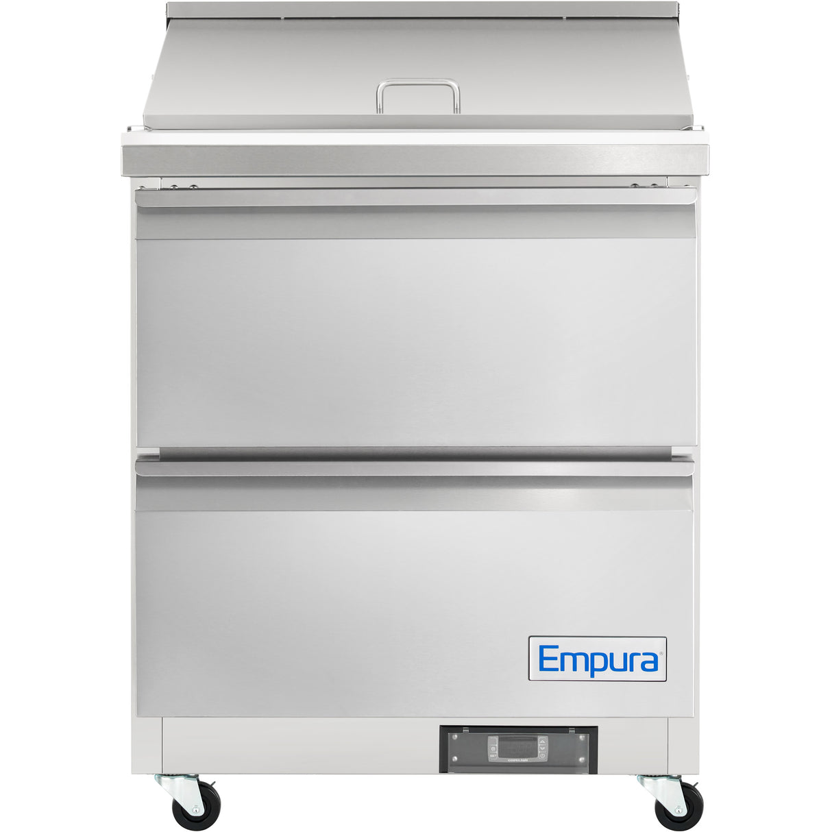 A sleek, industrial Empura refrigeration unit, this stainless steel mega top prep table features a top lid, large front door, and four wheels. The blue Empura logo is displayed on the bottom right corner.