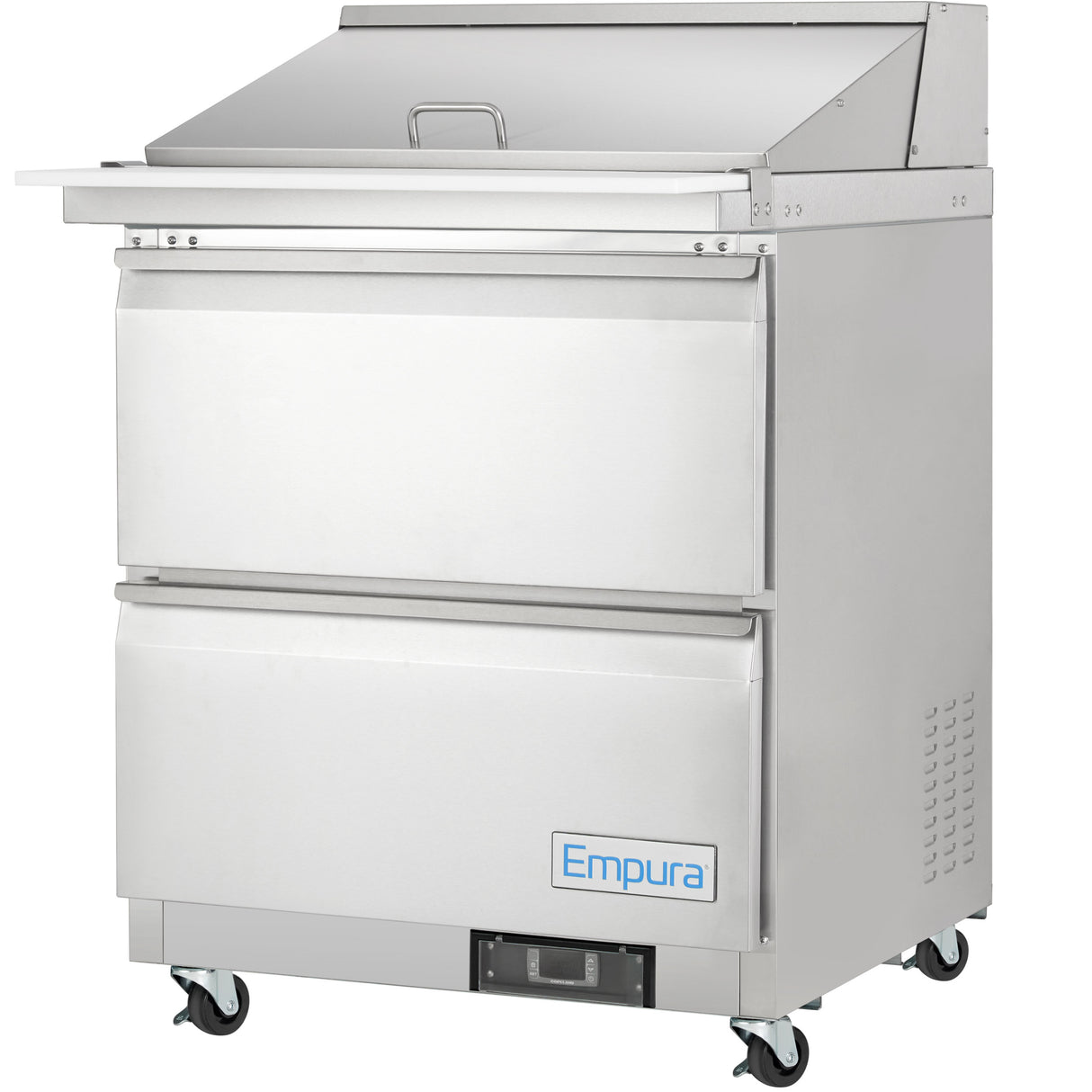 A stainless steel Empura refrigerated sandwich prep table features a flat prep surface, a handle-lidded compartment above two drawers, and four caster wheels. The “Empura” brand name is displayed on the lower drawer.