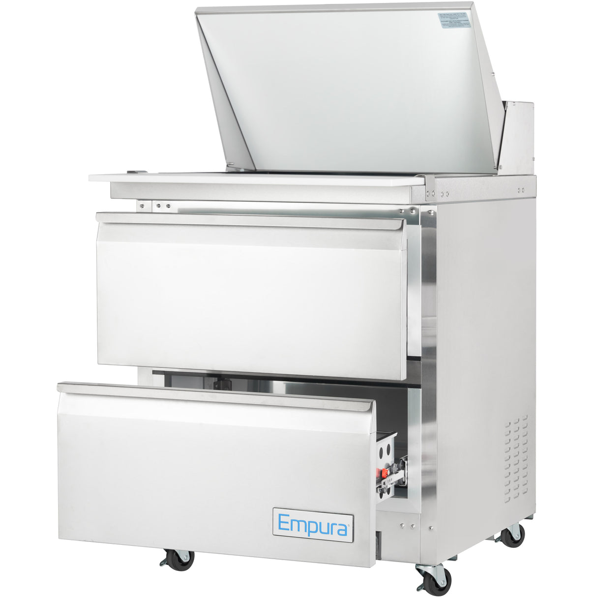 A stainless steel Empura refrigeration mega top prep table on wheels with two open front drawers. The top features a closed compartment with a hinged lid and food prep area. The Empura label is visible on the lower drawer.