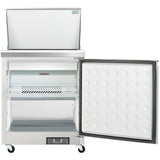 A commercial chest freezer by Empura Refrigeration with its top lid open and front door swung wide. It’s white, on wheels, and features a metal shelf and textured inner door—perfect for complementing any Salad Mega Top Prep Table setup.