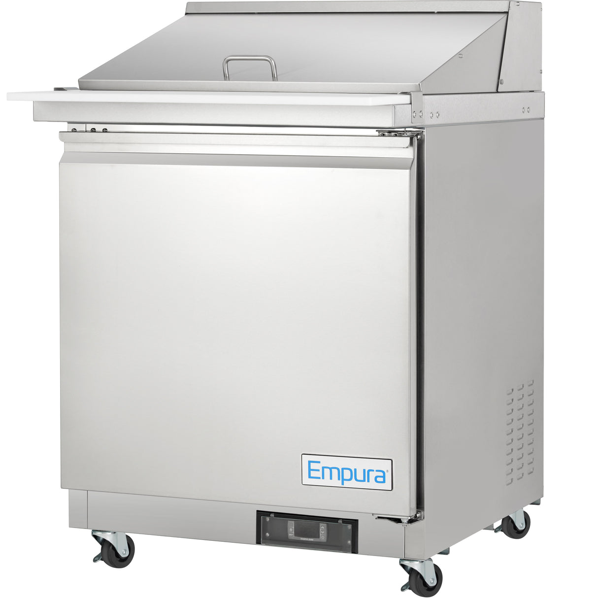 A stainless steel Empura Refrigeration unit on wheels features a top workstation, lift-up lid, single front door, and vents. Ideal as a Refrigerated Sandwich Prep Table, it has a digital panel and the brand name Empura displayed at the bottom right.