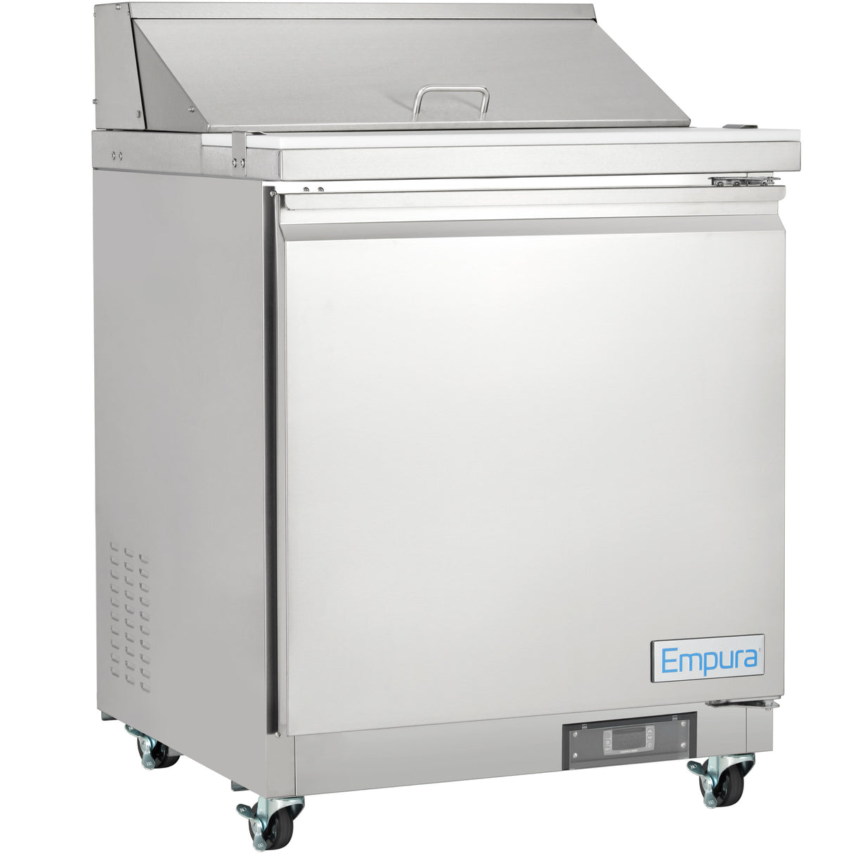 A stainless steel Empura Refrigeration unit on wheels, designed as a refrigerated sandwich prep table with a top lid, front door, side vents, lid handle, “Empura” label on the bottom right, and a temperature display below the door.