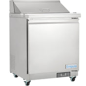 A stainless steel Empura Refrigeration unit on wheels, designed as a refrigerated sandwich prep table with a top lid, front door, side vents, lid handle, “Empura” label on the bottom right, and a temperature display below the door.