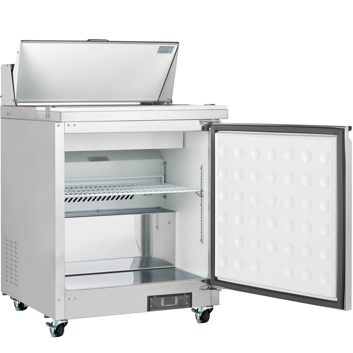 An Empura Refrigeration commercial stainless steel refrigerator with the top lid open and front door swung wide, showing interior shelves and a white, dimpled door lining—ideal as a Salad Prep Table. It’s on wheels with a digital control panel at the bottom front.