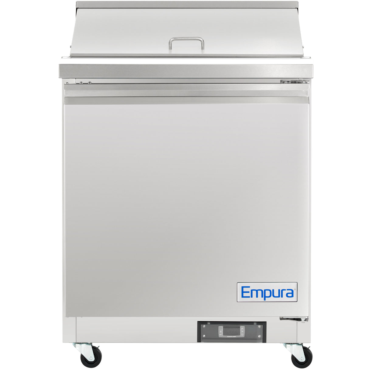 A sleek, industrial stainless steel Empura Refrigeration unit with a closed top lid, single front door, and four small wheels. Perfect for professional kitchens, it doubles as a refrigerated sandwich prep table for efficient food preparation.
