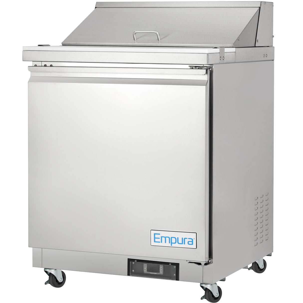 A commercial Empura Refrigeration stainless steel salad prep table on wheels, featuring a top lid, front door with blue Empura branding, digital display at the bottom, and a vented side panel for efficient cooling.