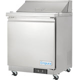 A commercial Empura Refrigeration stainless steel salad prep table on wheels, featuring a top lid, front door with blue Empura branding, digital display at the bottom, and a vented side panel for efficient cooling.