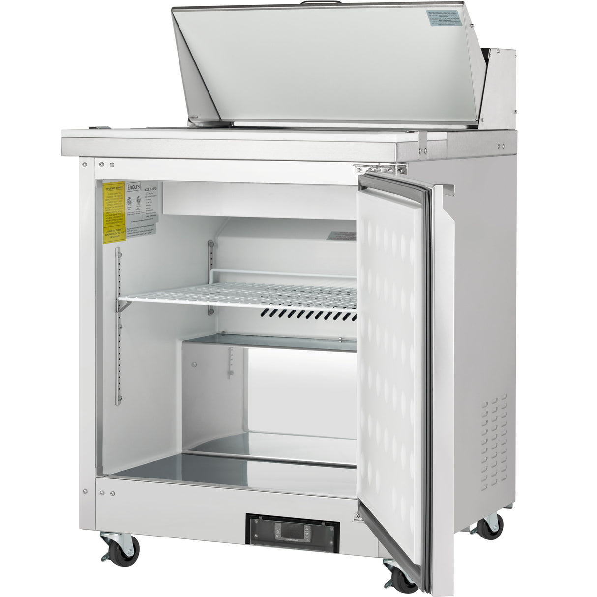 An Empura Refrigeration unit, this stainless steel refrigerated sandwich prep table on wheels features a single open door revealing a wire shelf inside. Its top section has a raised, open lid for extra storage or prep space against a plain white background.